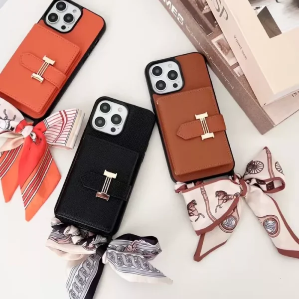 Hermès-Inspired Leather Wallet iPhone Case – Luxury Vertical Pocket & Crossbody Strap