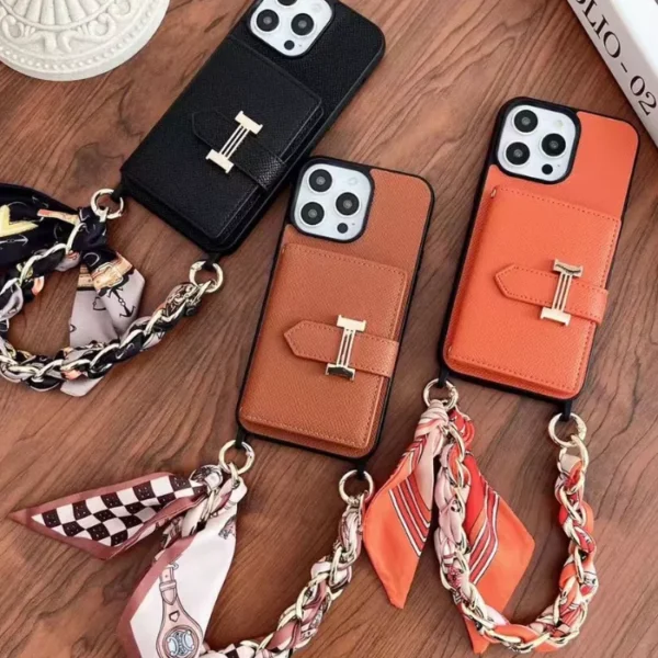 Hermès-Inspired Leather iPhone Case – Luxury Chain Strap & Scarf Design