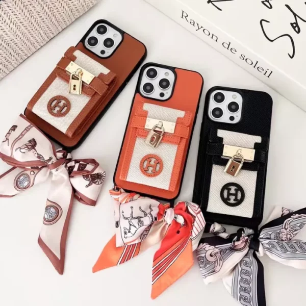 Luxury iPhone Case Inspired by Hermès – Leather Handbag Design with Lock & Scarf Strap