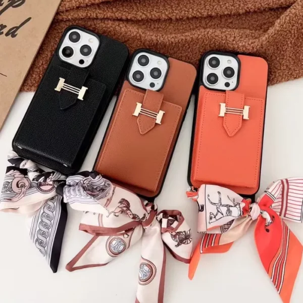 Luxury Hermès-Inspired Leather iPhone Case Collection – Crossbody Strap & Scarf Edition