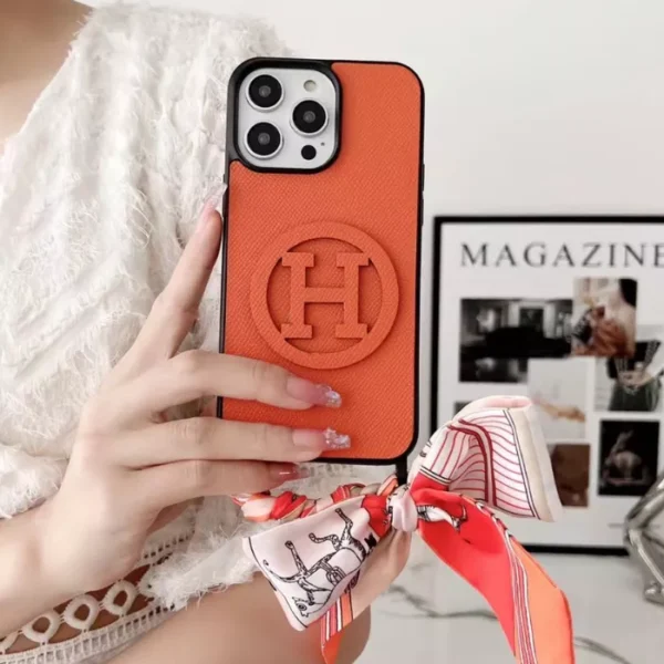 Luxury iPhone Case Inspired by Hermès Design – Genuine Leather Crossbody Strap & Scarf Charm